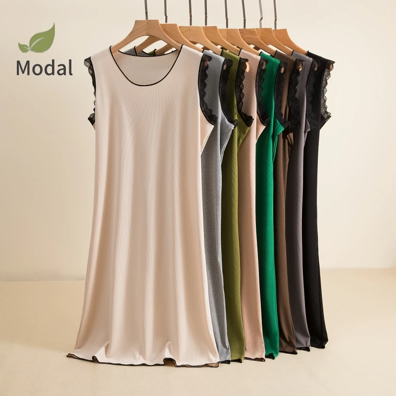 

Summer Floral Lace Modal Vest Dress Casual Versatile Home Wear Sleepwear Mid-Length A-Line Skirt Style No-Sleeve round Neck