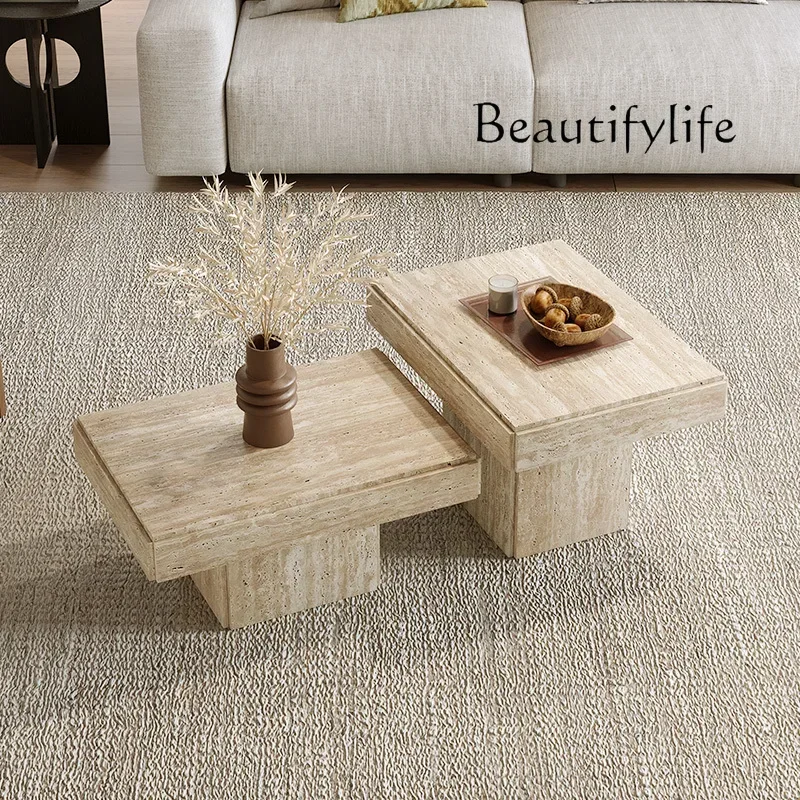 

Natural Travertine Coffee Table Combination Square Small Tea Table Small Apartment Living Room Home Light Luxury High Sense X