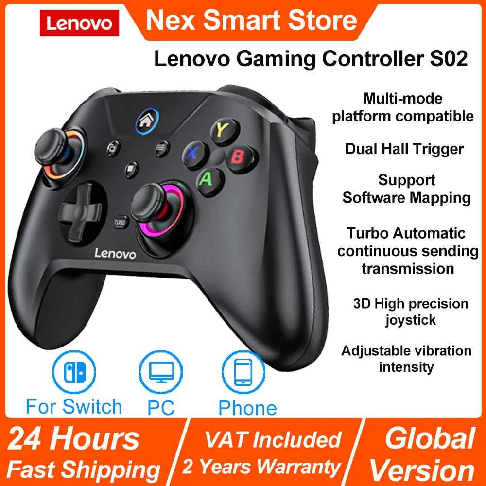 Manette de jeu sans fil Bluetooth Lenovo S02, manette de jeu sans fil à double déclencheur Hall, pour Switch, PC, Android, IOS, TV