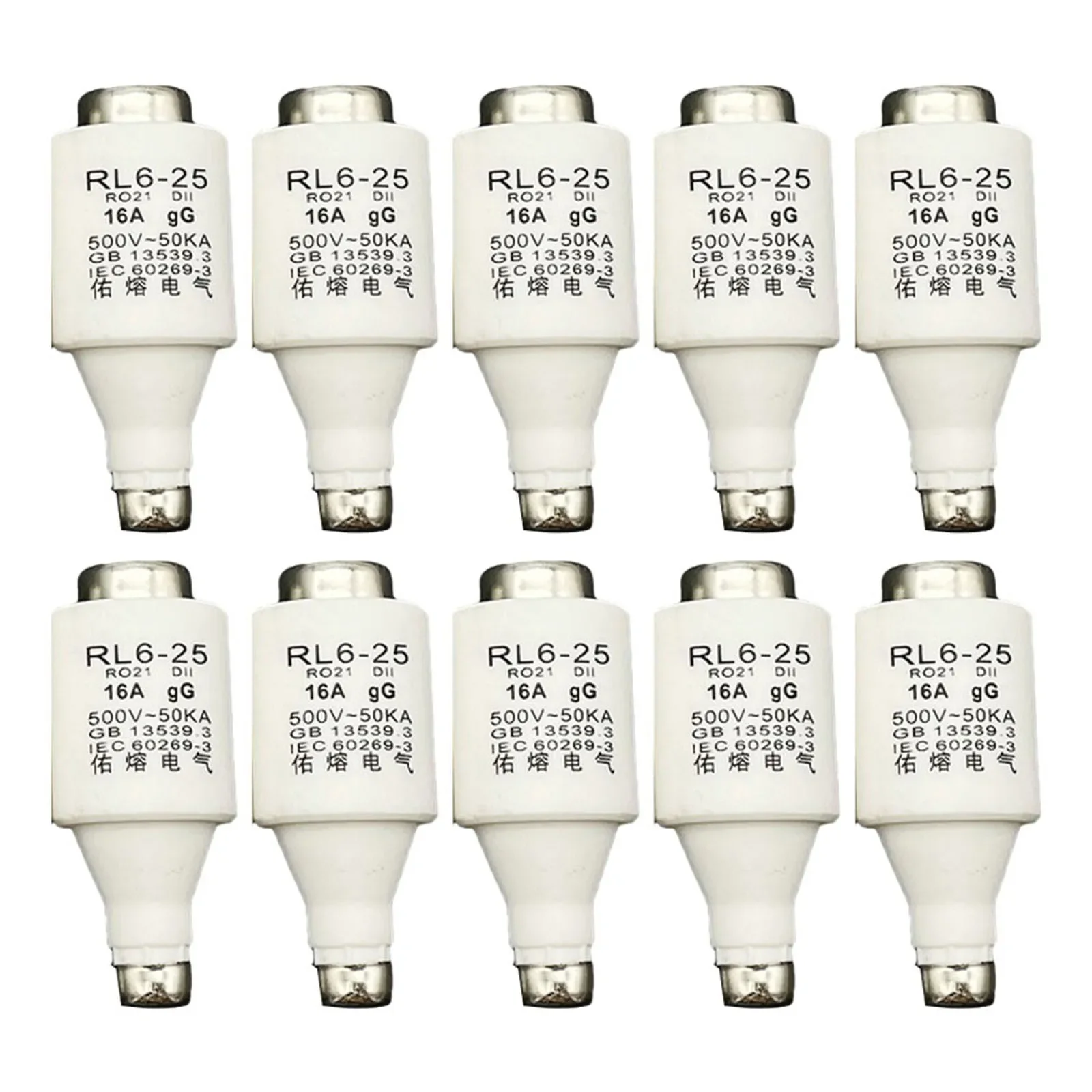 Pacote expansível de 10 fusíveis cerâmicos espirais RL6 25 R021 DII E27 gG Diazed Inserts 500VAC Proteção de longa duração