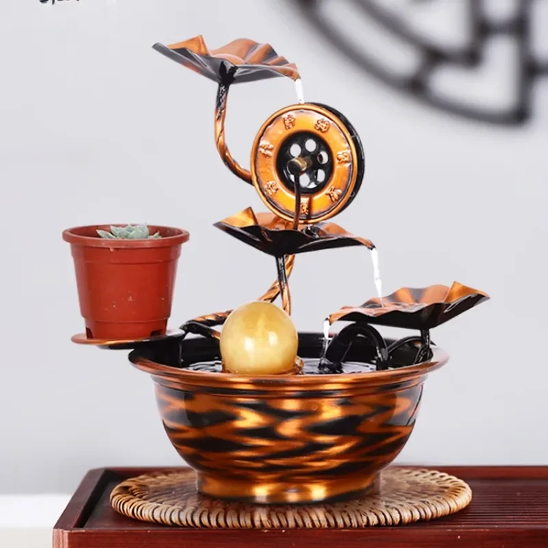 

Pure Copper Flowing Water Lotus Ornament With Rotating Feng Shui Ball Wealth Water Wheel Home Prosperity Decor