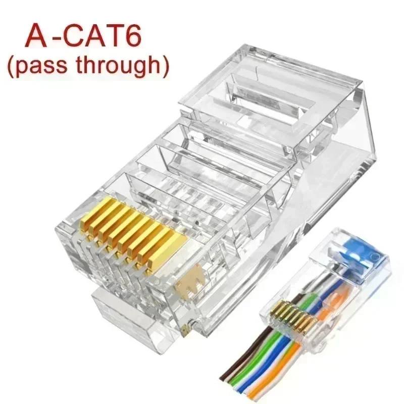 1-50pcs RJ45 Cat6 Pass Through Connector Cat 6/Cat5e RJ-45 Ends Gold Plated for Stranded UTP Network Cable Ethernet Modular Plug