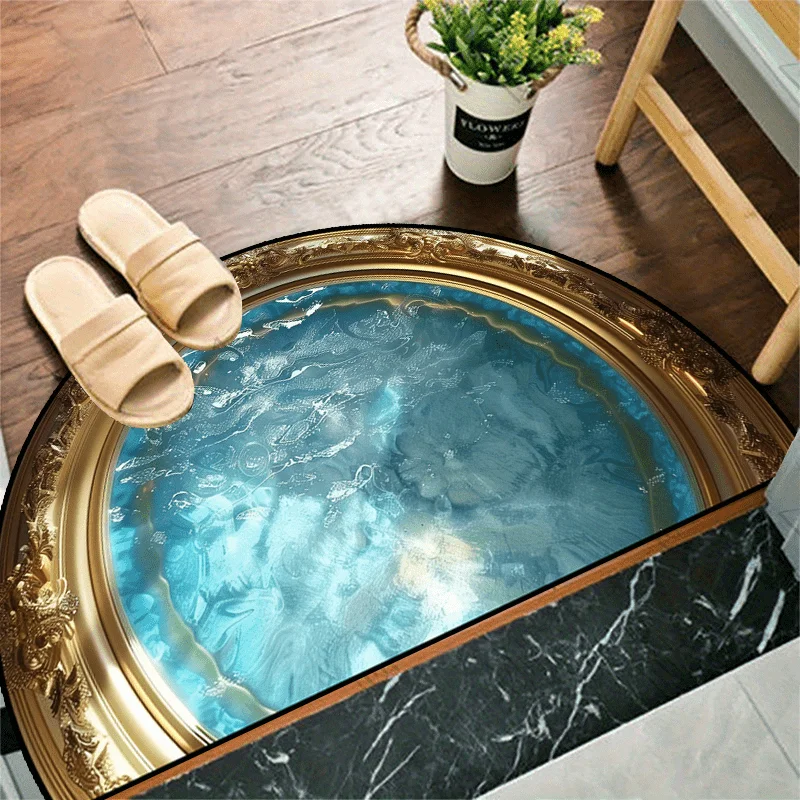 Luxury Gold Frame 2D Illusion Floor Mat Semi-Circle Entryway Rug with Realistic Water Texture Design