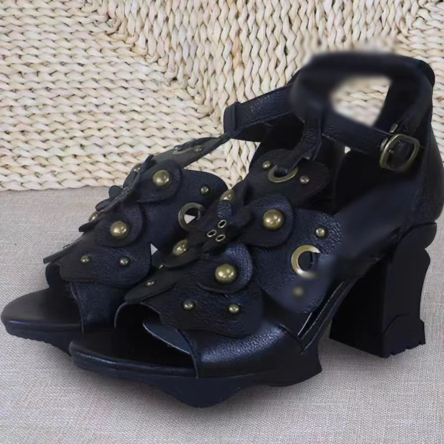 

Black Flower Rivet Sandals Matte Leather Peep Toe Strange Style Heel Fashion Cool Western Summer Woman Shoes Zapatillas Mujer