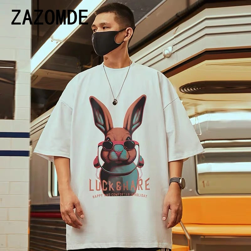 ZAZOMDE 2024 T-shirts Oversized Vintage Hip Hop High Street T Shirt Retro Rabbit Print Short Sleeve Tops Tees Cotton Clothes