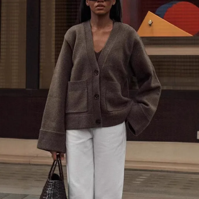 2025 Otoño e Invierno prendas de vestir exteriores para mujer cárdigan de punto de Color sólido cárdigan suelto de moda de manga larga con cuello en V