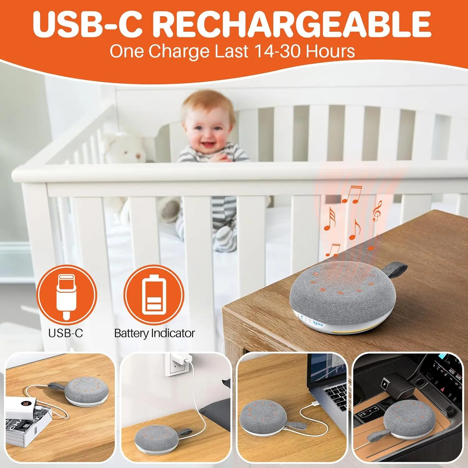 White Noise Sound Machine, Portable Sound Machine for Sleep with 40 Soothing Sounds, Battery Indicator, Timer & Night Light