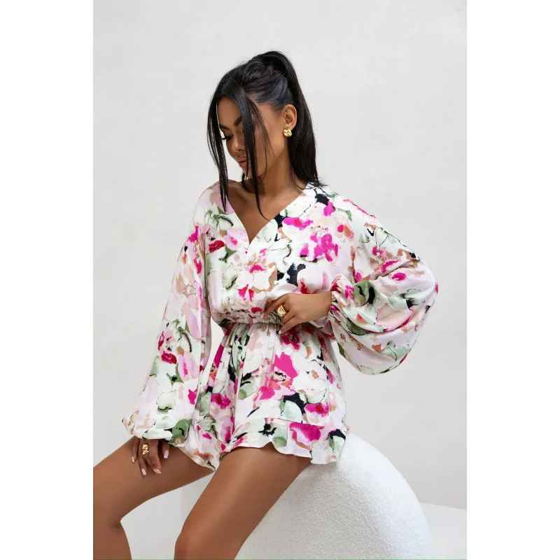 Fashion Print Casual Bohemian Rompers Women's Jumpsuits Spring Summer Button Ruffle V-neck Long Sleeve Beach Playsuit Short