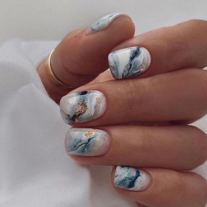 24pcs/Box Blue Flame Yin and Yang Love Press on Nails Set Waterproof Removable Handmade Fake Nail Art  Professional Manicure