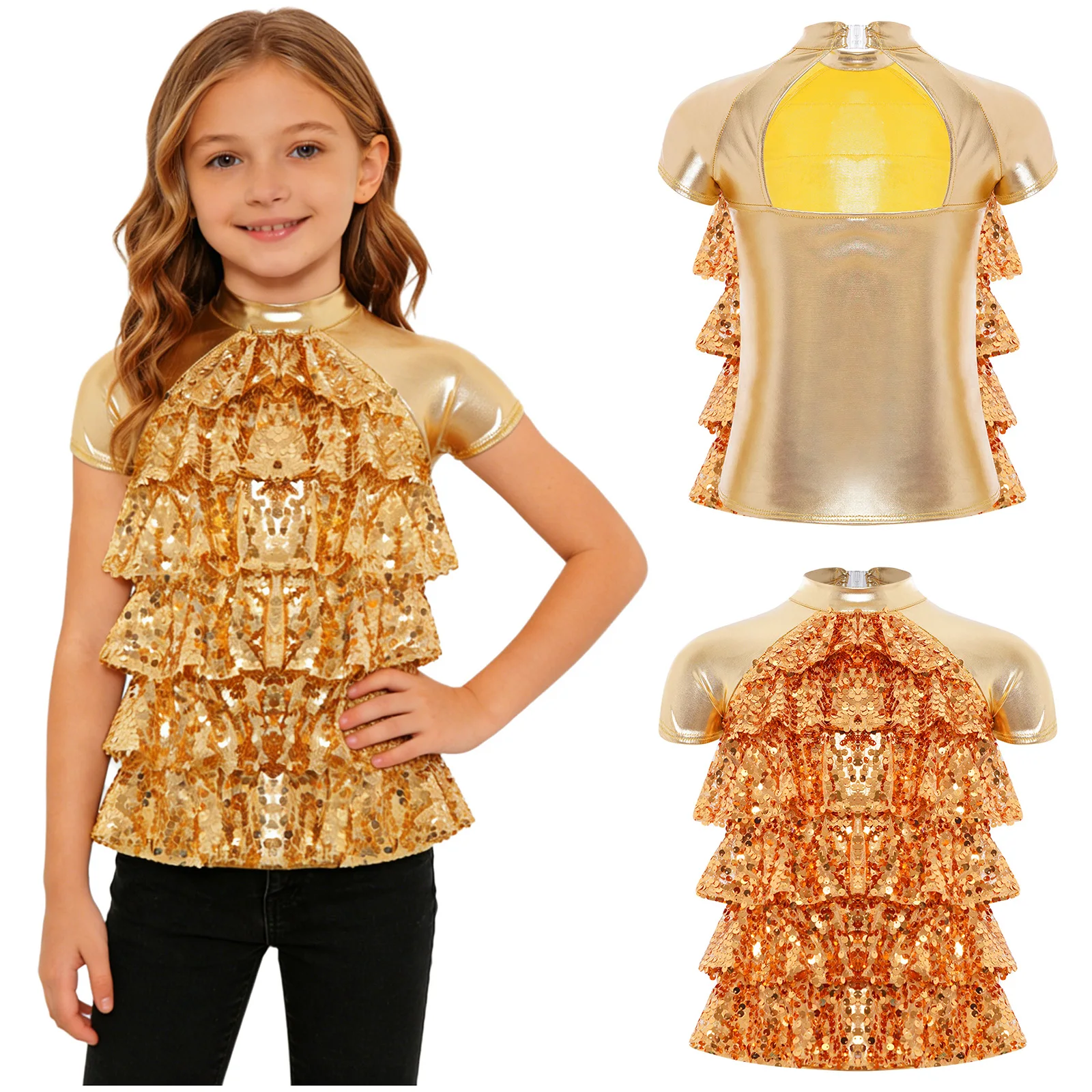 

Kids Girls Sequins Ballet Dance Tops Mesh Short Sleeve Crop Top Modern Jazz Latin Dance Costume Princess Pageant Party Top