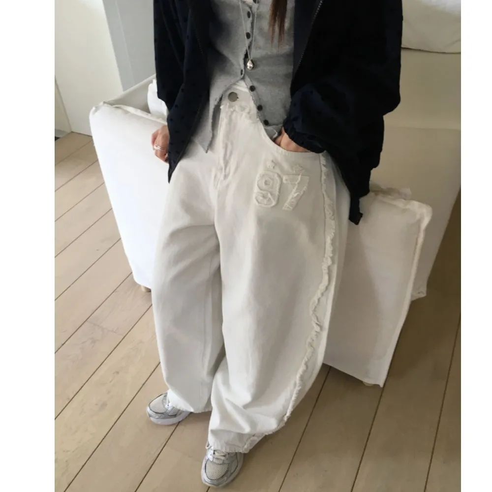 Casual Letter Design Fleece-Like Wide Leg Jeans High Waist Asymmetric Long Pants Versatile Cotton Denim Non-Stretch Water Wash