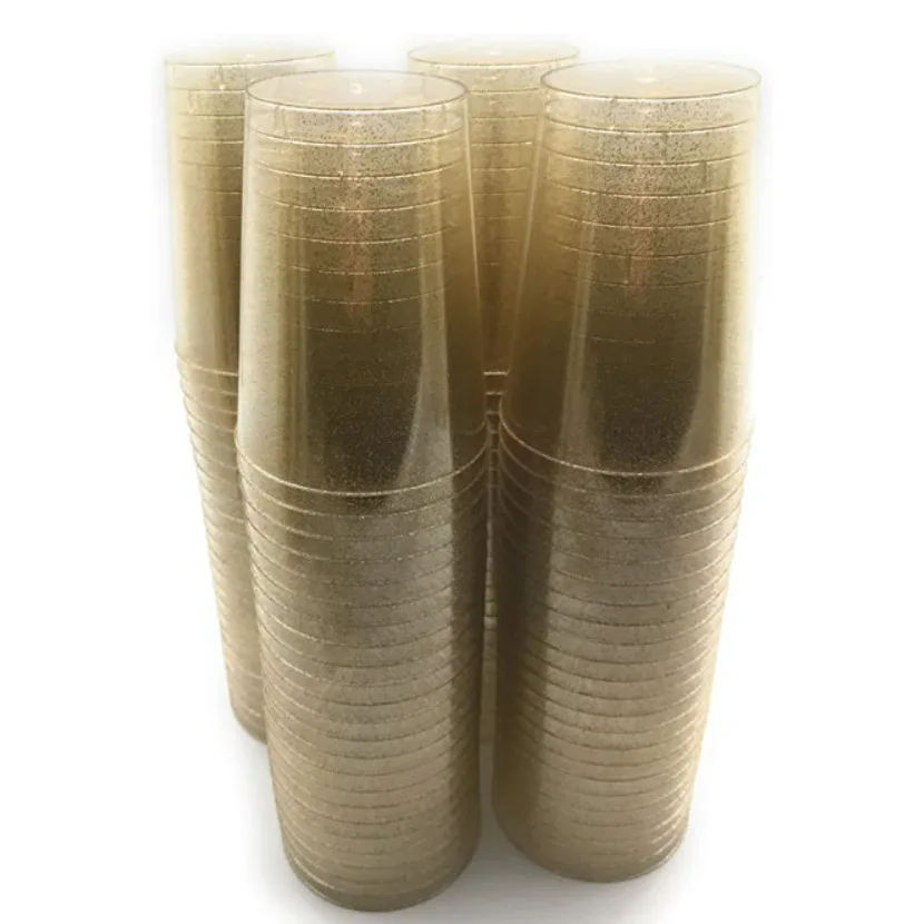 10 oz Disposable Cup Transparent Golden  Glitter Plastic Retro Glass Wedding Banquet Birthday Party Tableware Supplies