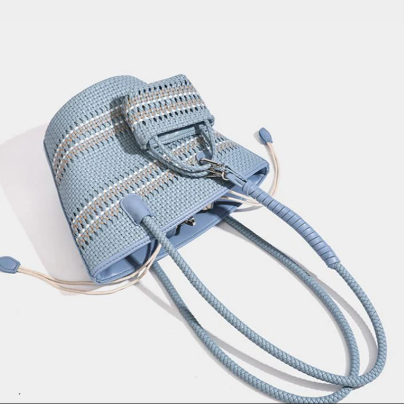 Rattan-Geflecht-Marktkorb-Schultertasche mit passender Geldbörse, handgefertigte gewebte Einkaufstasche für Damen, elegante Tragetasche – Detail 2