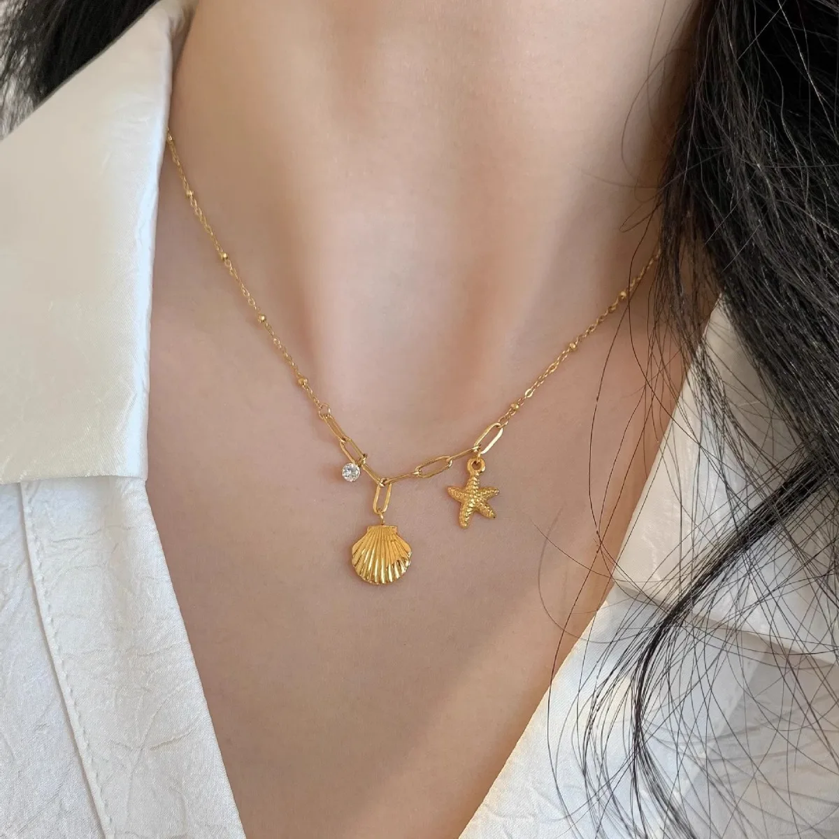 316L Stainless Steel Starfish Shell Zircon Pendant Necklace For Women Fashion New Gift Gold Color Neck Chain Jewelry