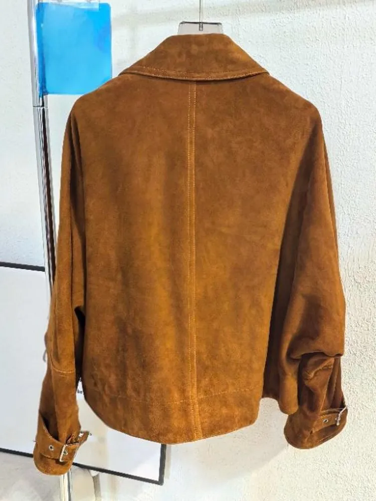 أزياء المرأة الجديدة فضفاضة الجلد المدبوغ سترة جلدية حقيقية رفض طوق واحدة الصدر جلد الغنم تصميم قصير معطف الإناث الخريف