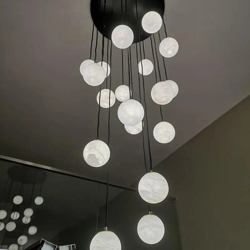 

Nordic Light Luxury Simple Chandeliers With Marbling Luster, Villa Staircase Dining Room Lighting Suspension Pendant Light