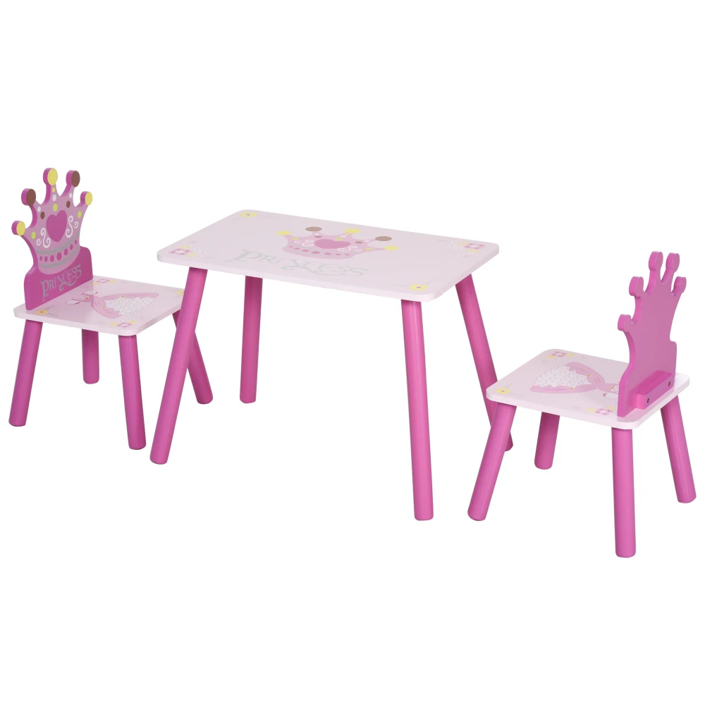 3-Piece Kids Wooden Table and Chair Set with Crown Pattern Gift for Girls Toddlers Arts Reading Writing Age 2-4 Years Pink