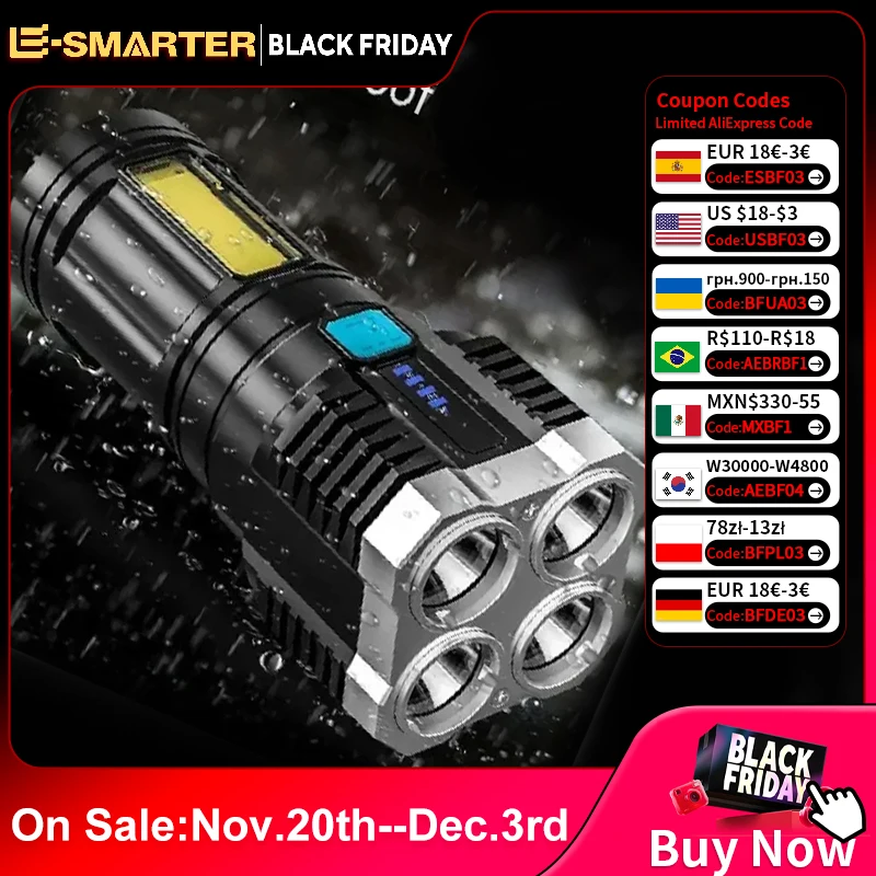 High Power LED Flashlights Camping Torch With 4 Lamp Beads And COB Side Light Rechargeable Portable Hand Lantern 4 Lighting Mode