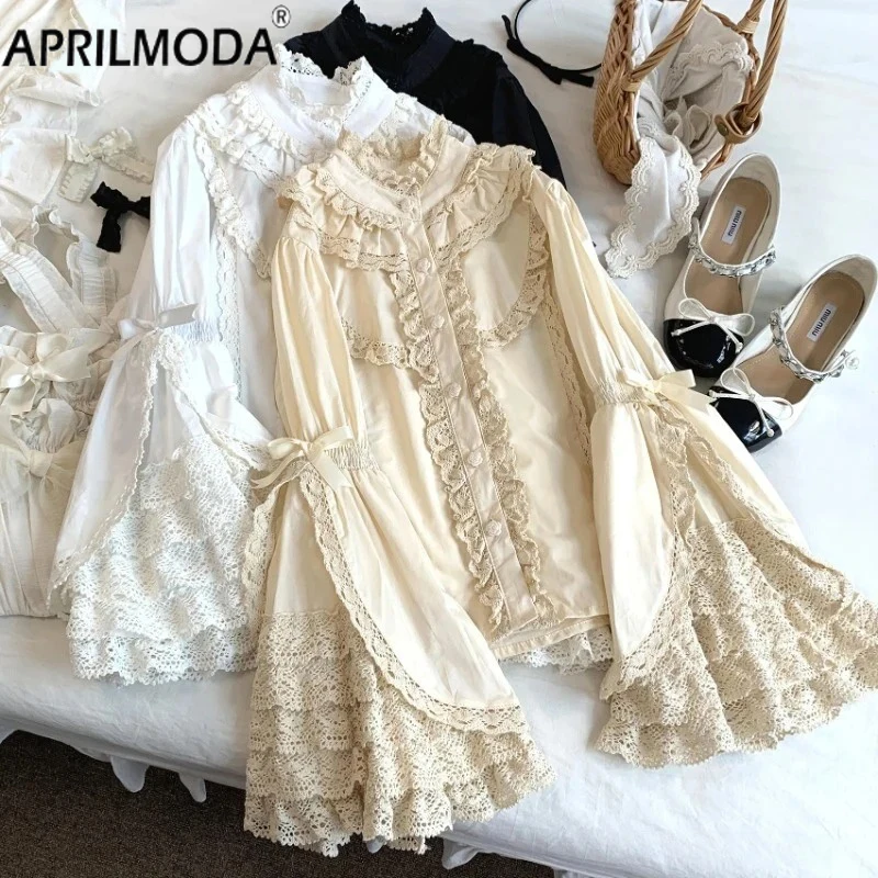 

2024 Victorian Gothic Sweet Flare Sleeve Blusas Tops Girls Harajuku Kawaii Blouses Ruffles Bow Women Vintage Lolita Shirts Y2k