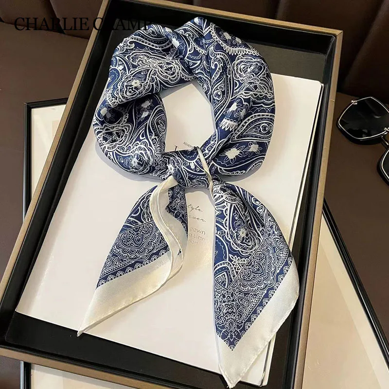 Kwadratowy Szalik 70cm Granatowy Kwiat Nerkowca Nadruk Jedwabny Szal Damski Szalik Krawat Torebka Wstążka Hidżab Bandana Lady Szaliki na szyję Prezent