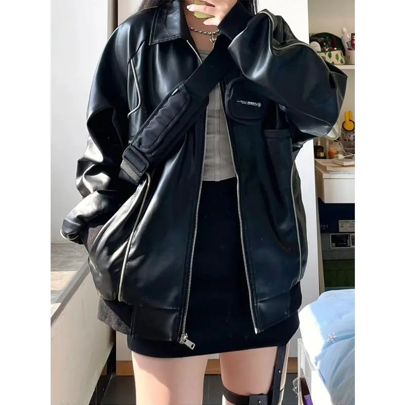 Jaket kulit wanita, Vintage balap jaket kulit wanita ukuran besar Harajuku mode Jepang Y2k Streetwear gaya Korea estetika PU pakaian luar