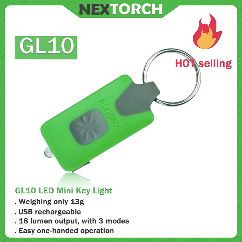 NEXTORCH 충전식 리튬 이온 배터리 캠핑 LED 미니 키 라이트, EDC 그린, 무게 13g, USB, GL10