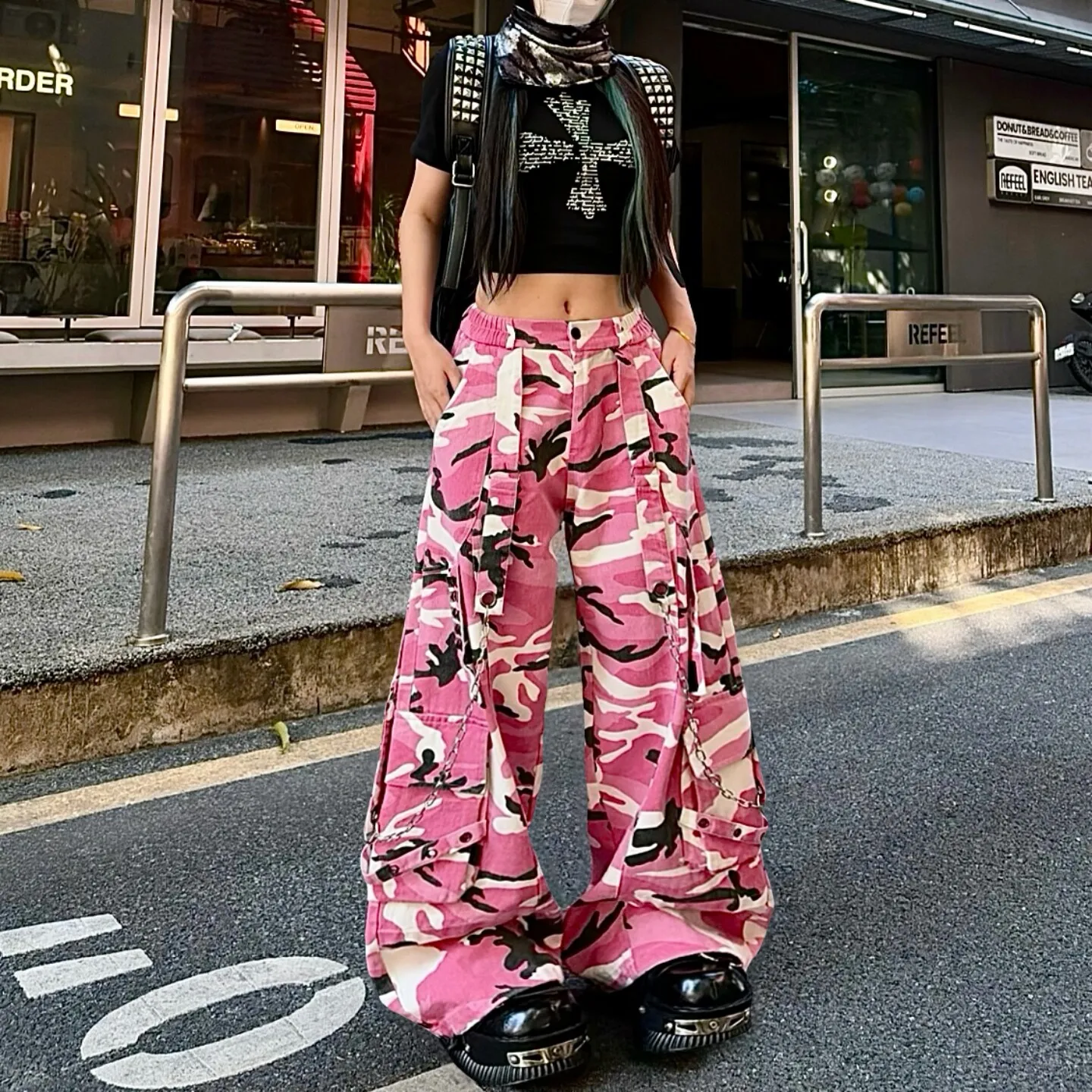 Womens Pink Camouflage Cargo Pants Metal Chain Details Multiple Pockets Designed for Y2K Hip Hop Dance and Stage Fashion Outfits