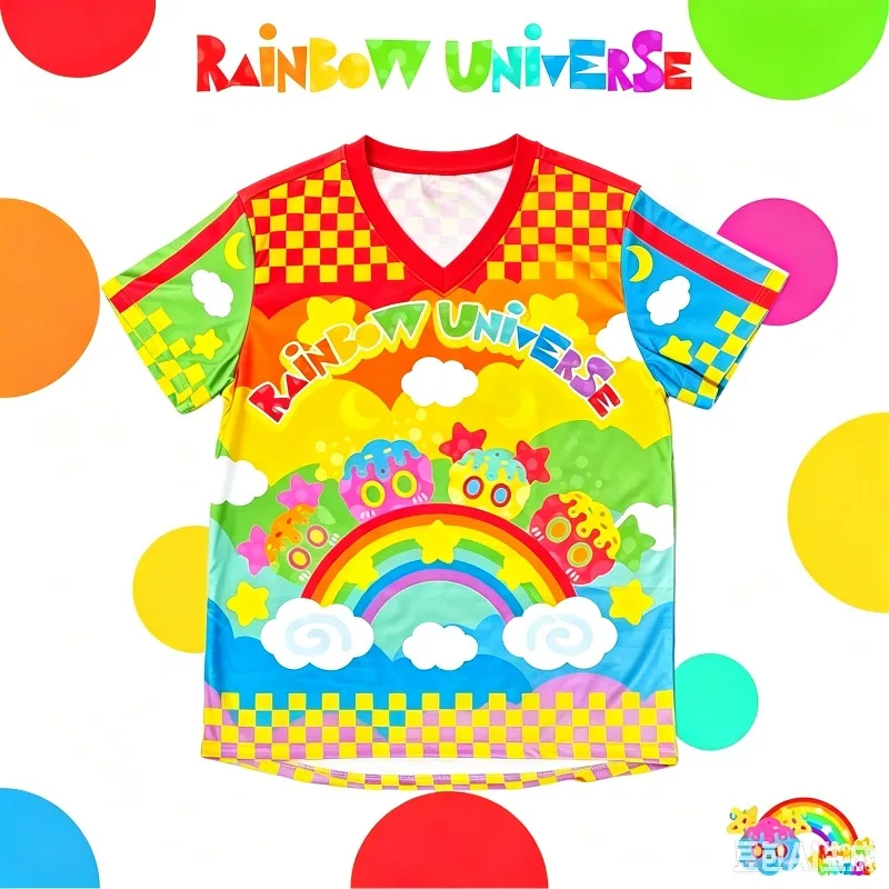 Rainbow Universe Cartoon Printed V-neck T-shirt with Contrasting Checkerboard Pattern Splicing and Abi Style Cute Top