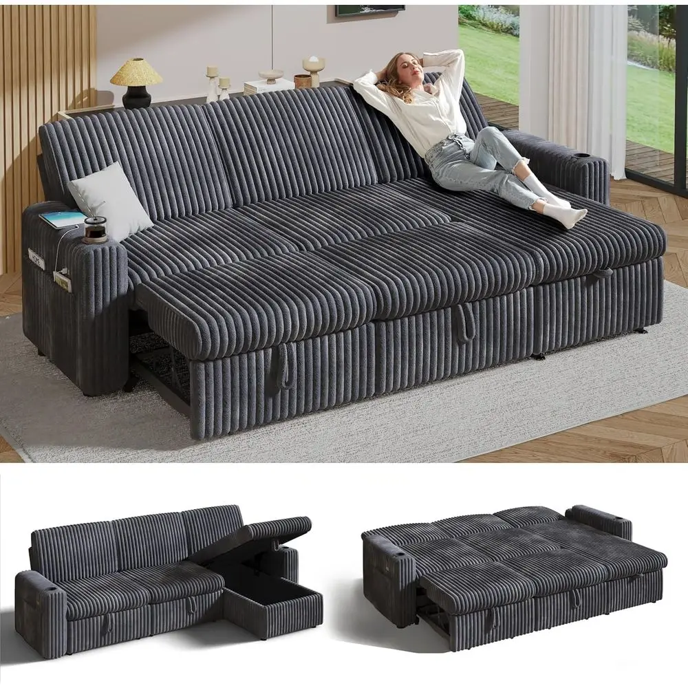 

Plush Corduroy L-Shaped Sectional Sofa Bed with Pull-Out Sleeper, Reclining Backrest, Reversible Storage, USB Ports, Cup Holders