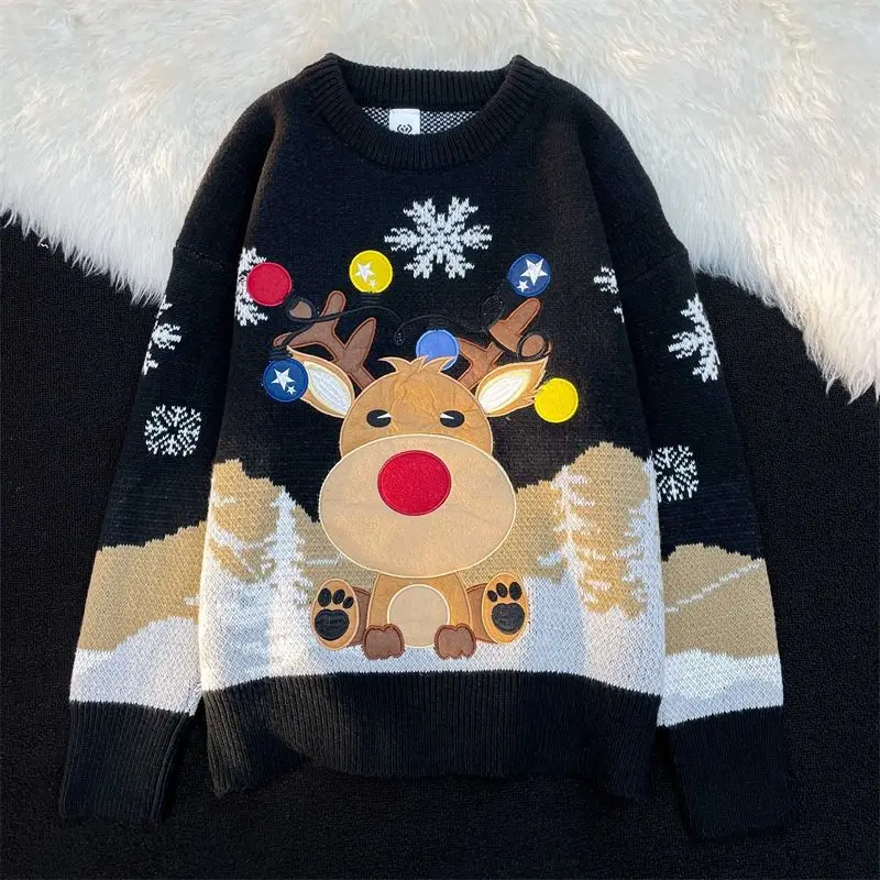 Christmas Cartoon Deer Embroidery Sweater Men Women Chaopai Couples Clothes Autumn Winter Male Knitwear Lazy Senior Pullover