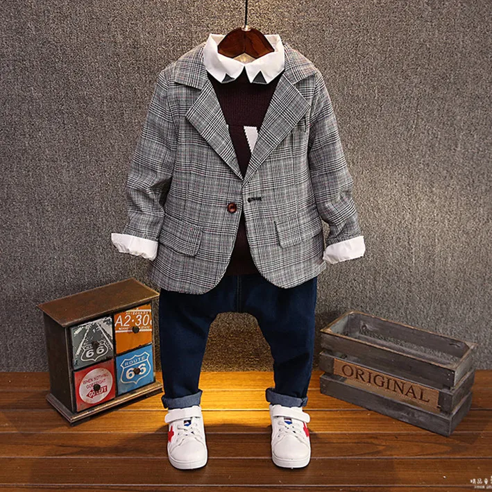 2023 Spring Autumn New Boys Casual Plaid Formal Suit Jacket Children's Clothing Outerwear 2-7 Yrs Old Male Kids Handsome Blazer