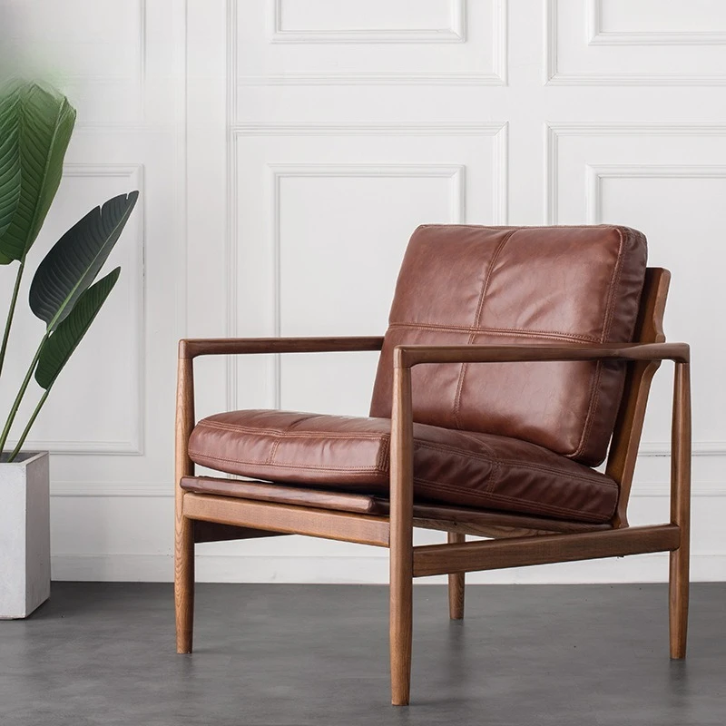 

Ash wood single sofa Nordic first layer oil wax leather down sofa chair, whole body polished