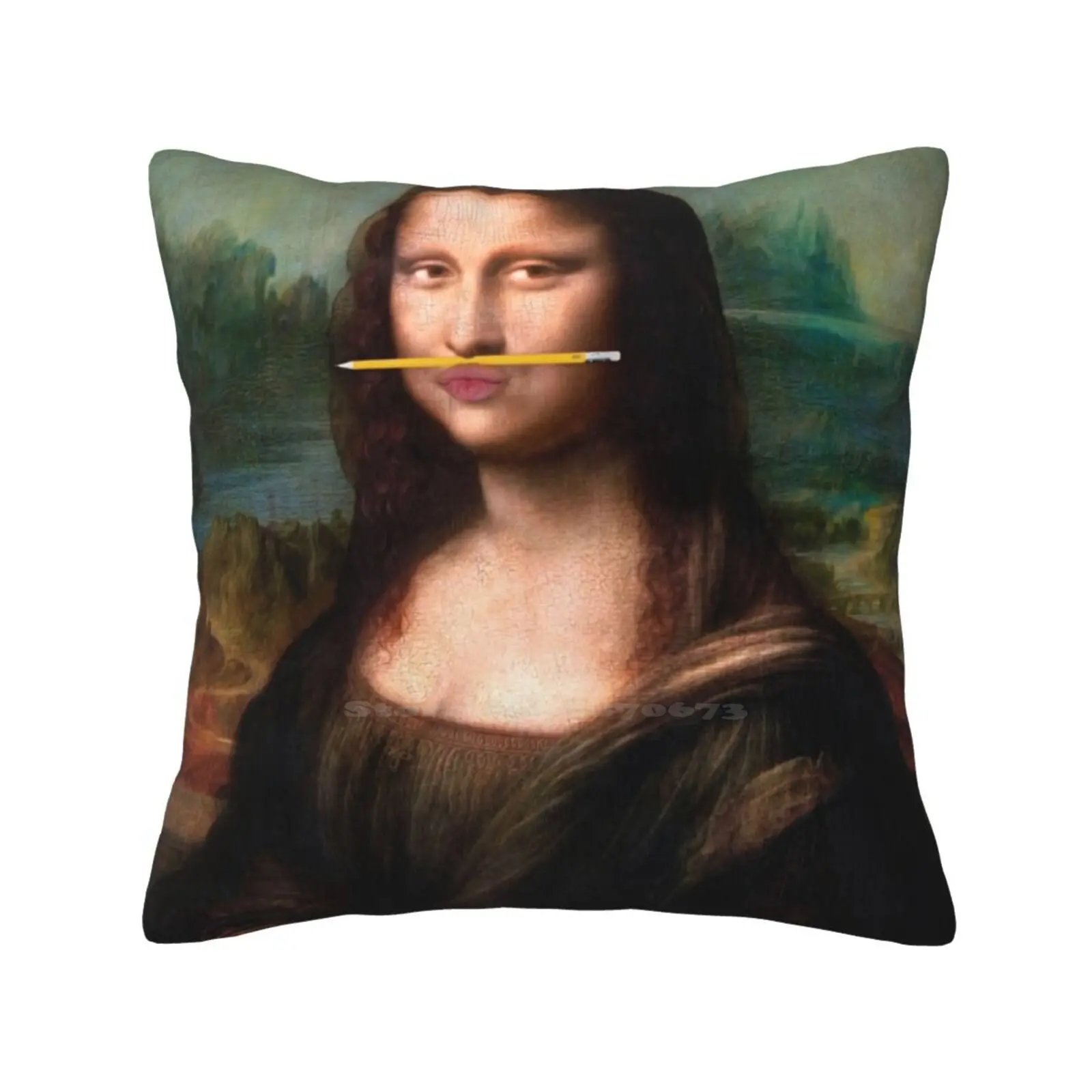 Mona Lisa W / Pencil On Lips Print Pillows Case Bedroom Home Decoration Mona Lisa W Pencil On Lips Eclectic Alter Painting