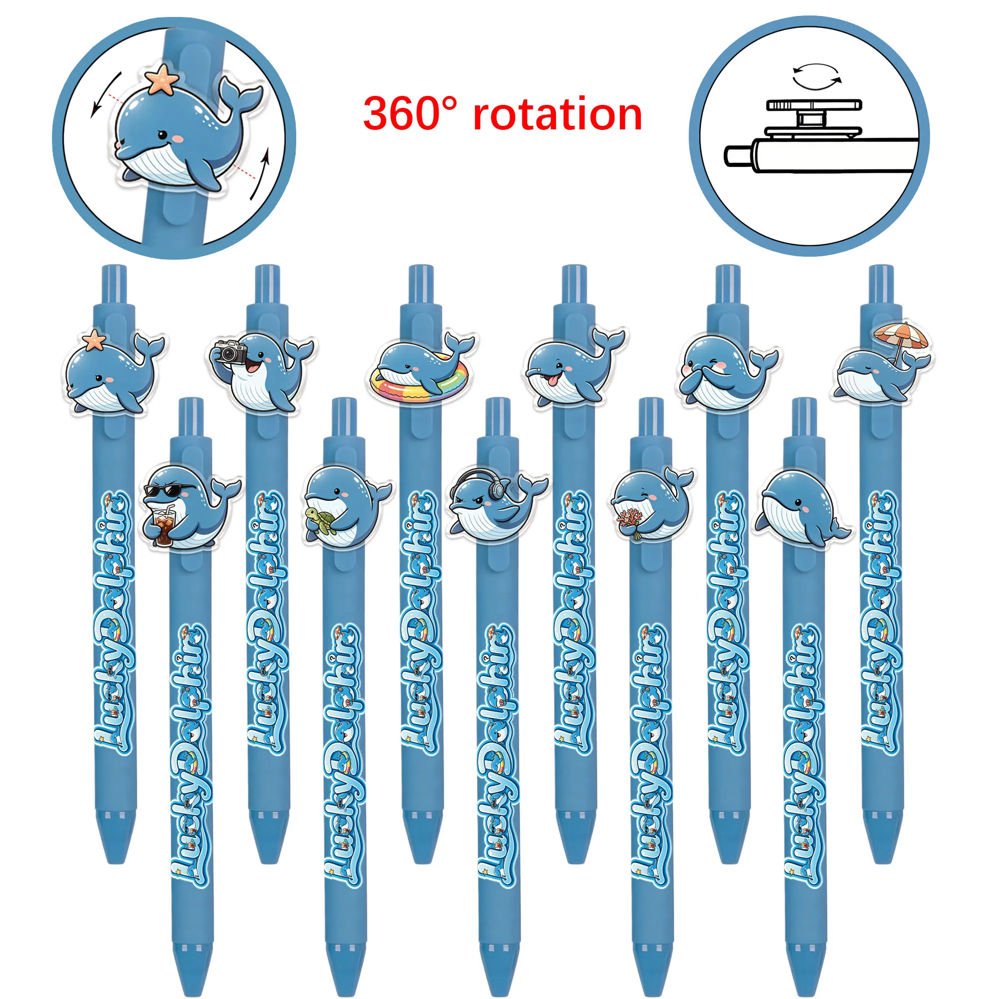

11 PCS Dolphin-themed ballpoint pen set. Sky blue color. Press-type neutral pen. Patterns are random.