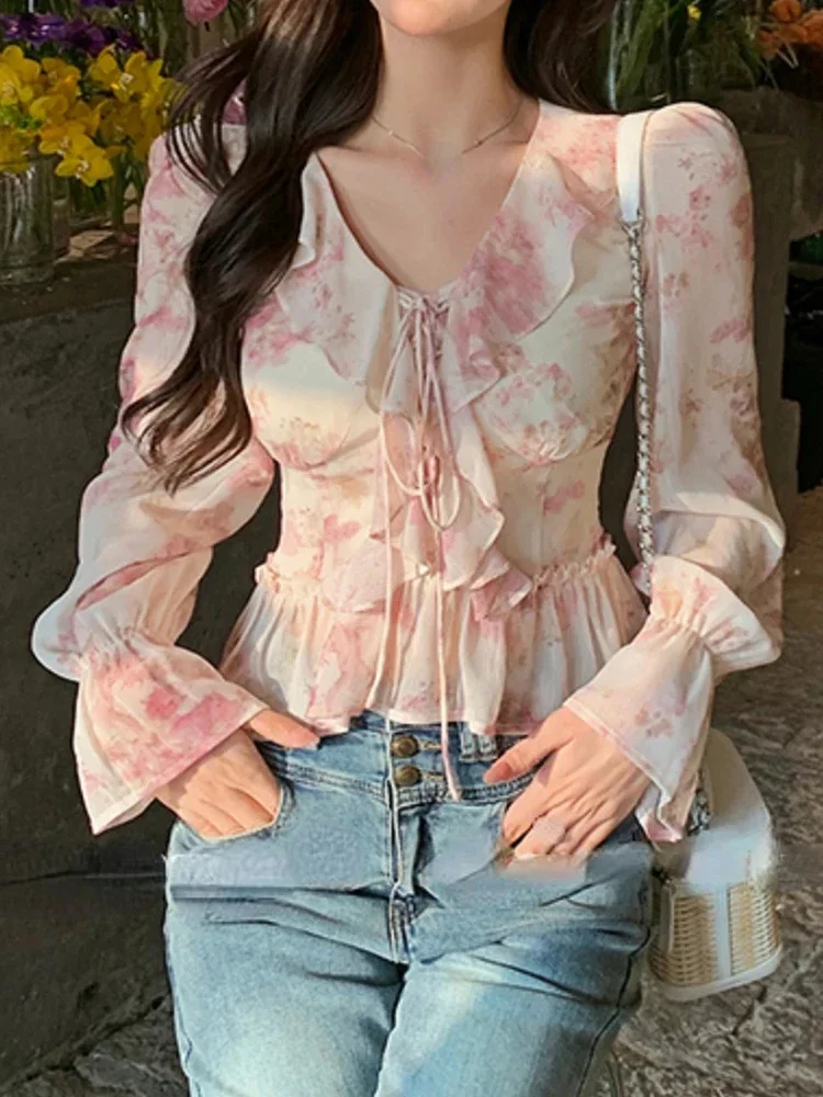 

New Chiffon Print Elegant Vintage Blouse Women Flare Sleeve Fairy Sweet Blouse Female Ruffles France Fashion Causal Tops Summer