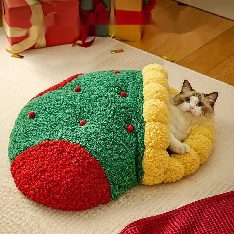 Christmas Cat Litter Christmas Socks Nest Round Nest Winter Lamb Wool Warm Cat Litter Deep Sleep Semi-enclosed Kennel Pet Gift