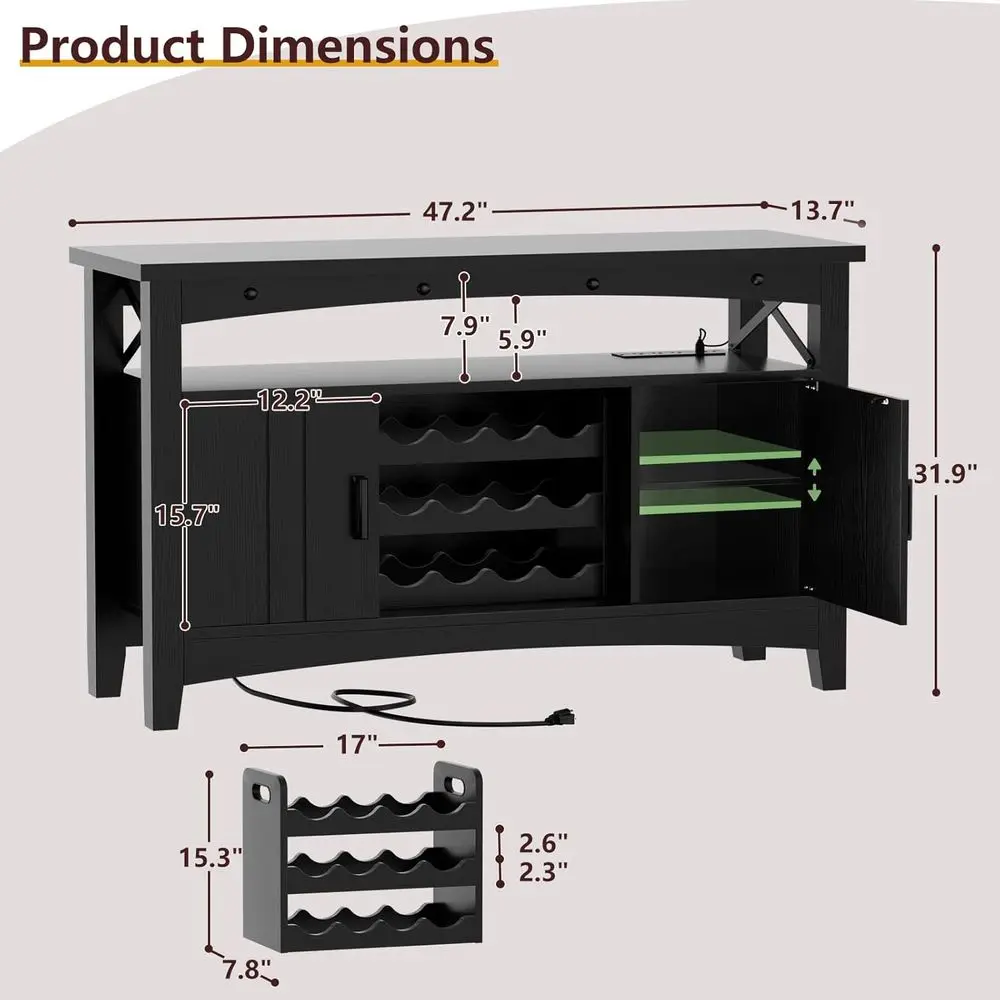 47.2 LED-lit Home Wine Bar Cabinet with Storage and Movable Rack, Black