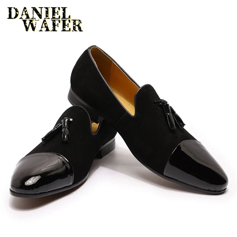 Luxury Loafers Elegant Mens Dress Wedding Office Shoes Suede Patchwork Patent Leather Slip-on Tassel Loafer for Men Casual Shoes