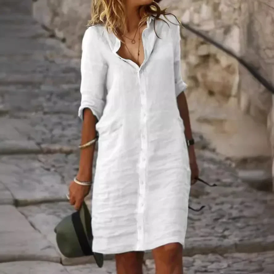 White Spring Cotton Linen Women's Mini Dress Half Sleeve Elegant  Female Trendy Autumn Casual Clothes Office Lady Shirt Dresses