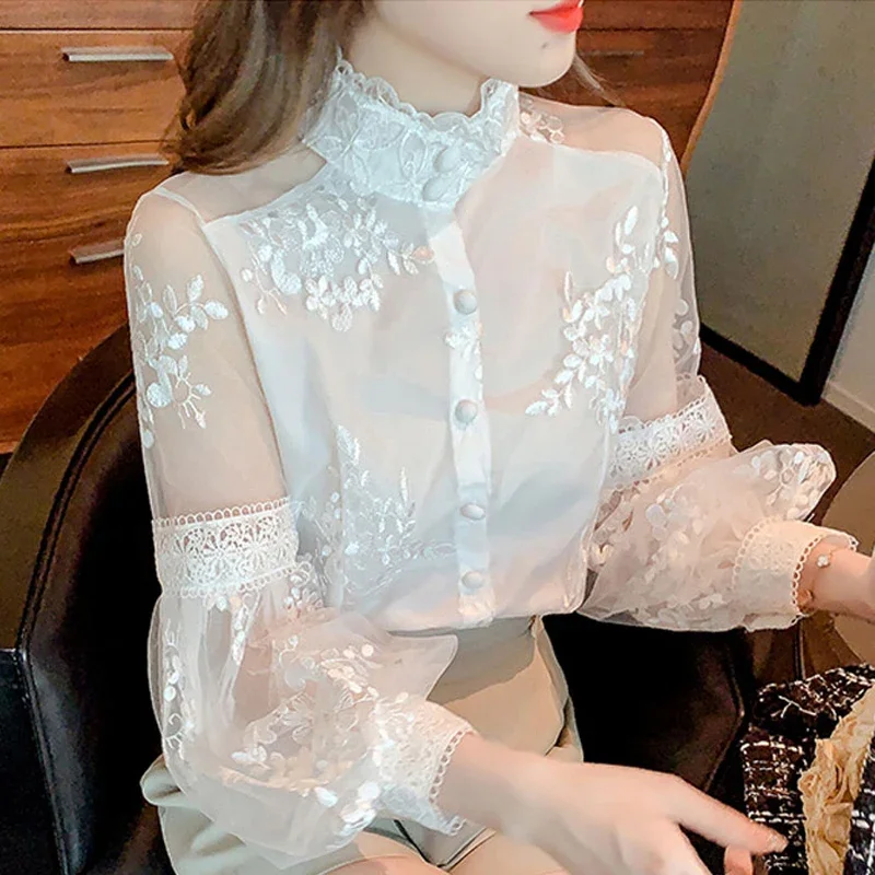 

Stand Collar White Embroidery Spring Blusas Blouse Elegant Sweet Lace Mesh Shirts Lantern Sleeve Tops Women's Clothing 23277