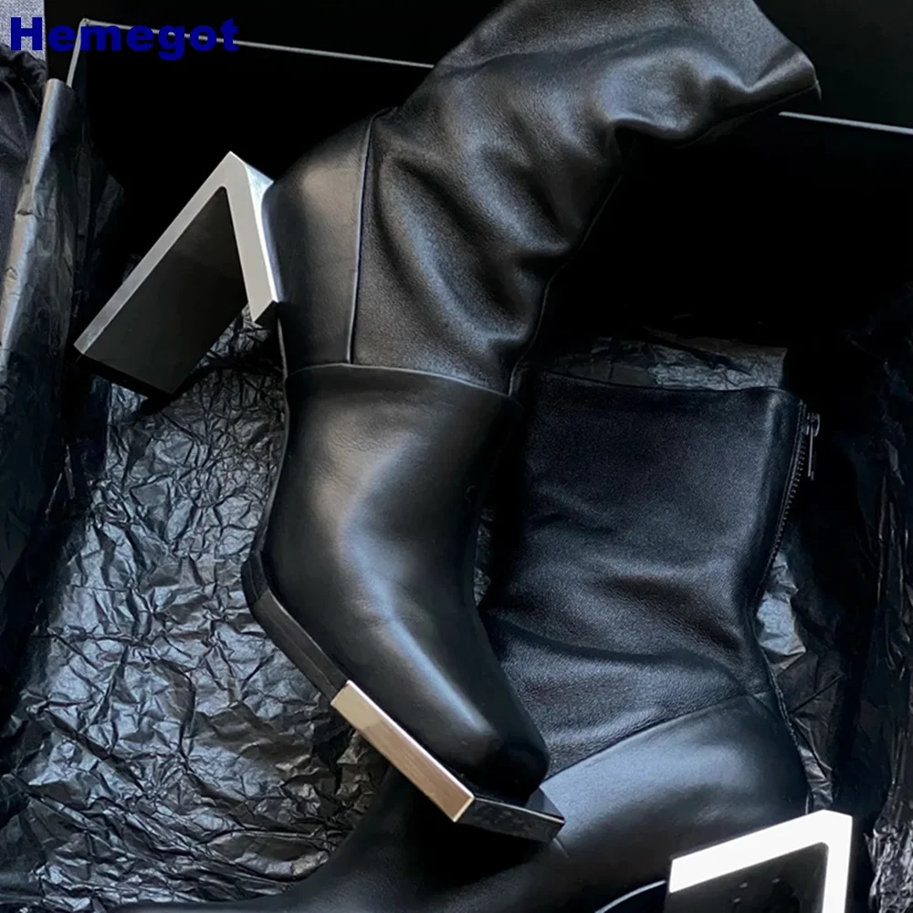 Metal Square Heel Square Short Boots 2024 Autumn Platform Street Casual Motorcycle Boots Black Fashion Women's Zipper Boots