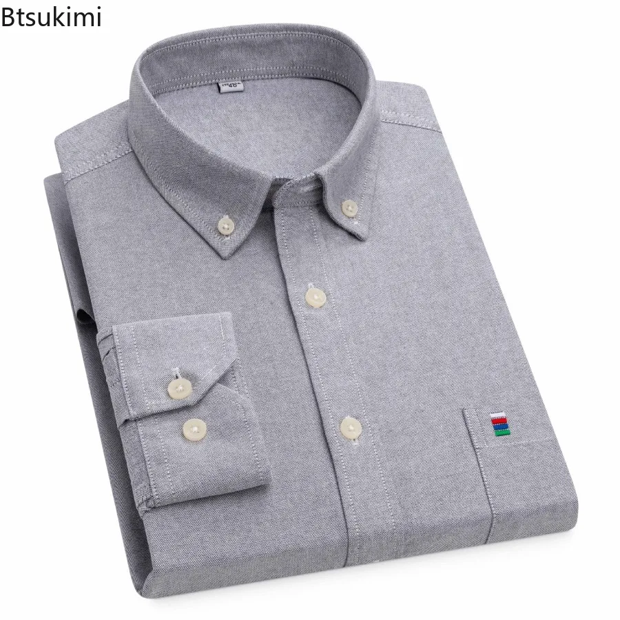 

2025 Men's Oxford Fashion 100% Cotton Long Sleeve Casual Slim Solid Color Plaid Print Stripe Formal Dress Shirt S-4XL Plus Size