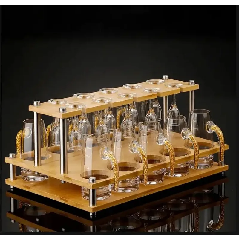 Crystal Glass Wine Set  Flasks Dispenser Drinkware with Wooden Stand Spirits Winecup Glasses