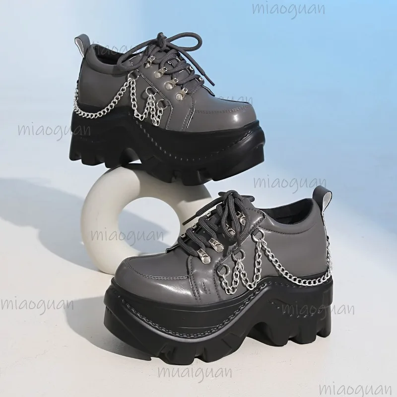 Gothic Punk Women's Platform Shoes Round Toe Lace-up Pink Chunky Sneakers Pu Leather Height Increasing Fashion Shoes for Women image 6