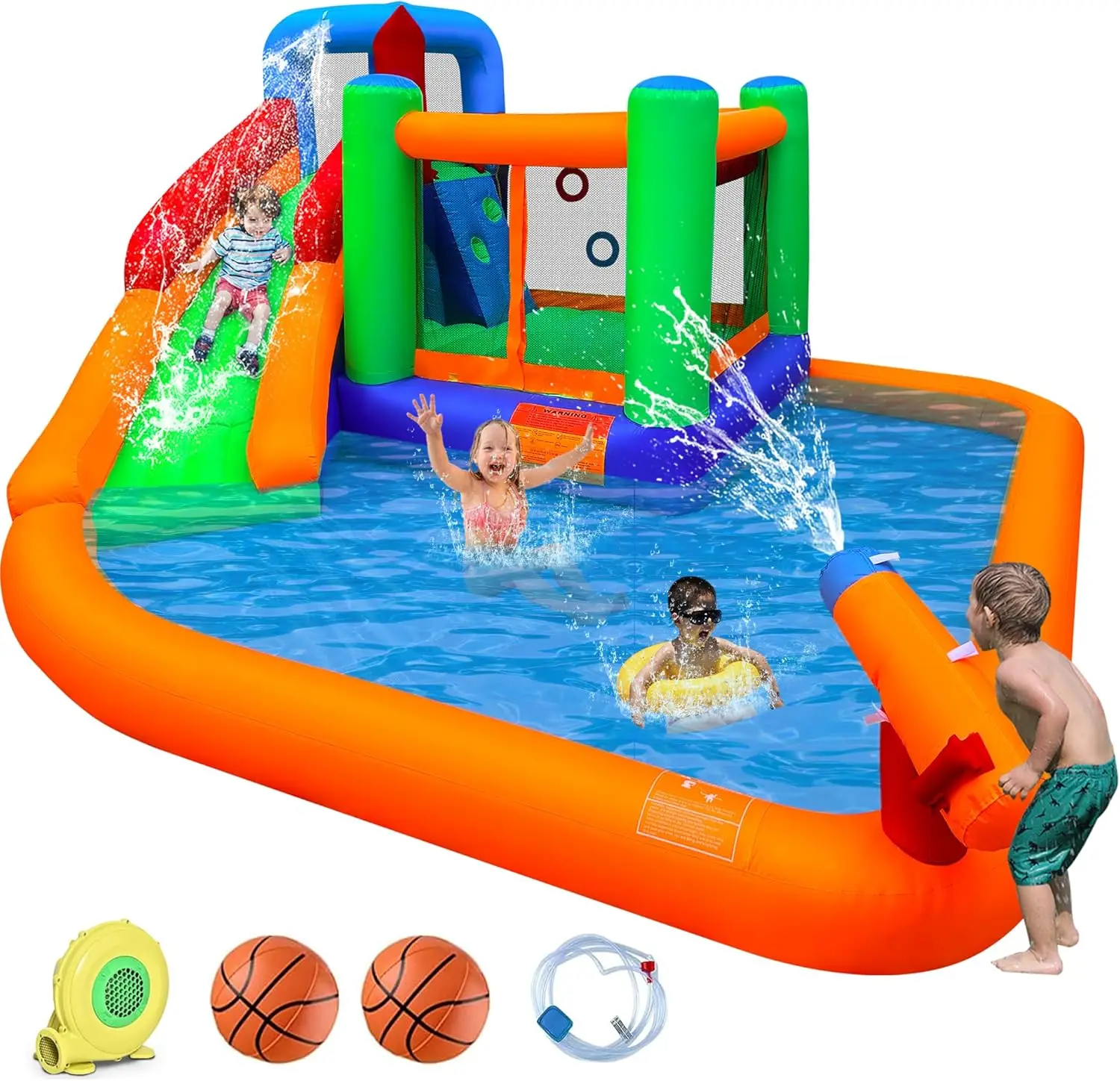 Inflatable Water Slide Bounce House 7-in-1 with Giant Sliding Board, Jumping Zone, Climbing Wall, Kiddie Pool, Water Blaster, Basketball Hoop, and 550W Air Pump for Outdoor Backyard Water Fun