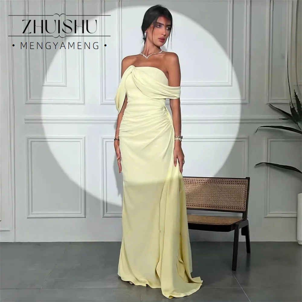 Strapless Light Yellow Prom Dresses Off Shoulder Side Slit Dubai Saudi Evening Prom Party Gown vestidos de festa Customized