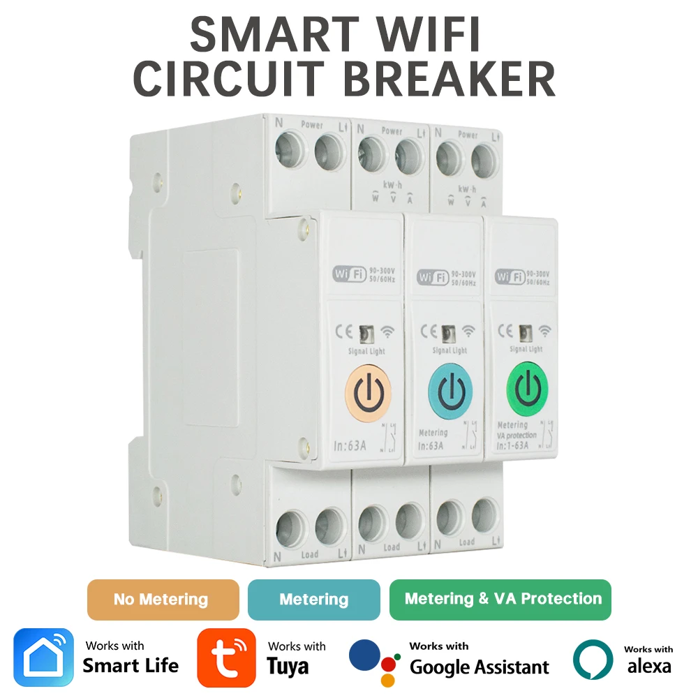 

Tuya WiFi Smart Circuit Breaker Switch with Current Voltage Metering Protection Relay 63A 1P N Din Rail Mounting Smartlife APP