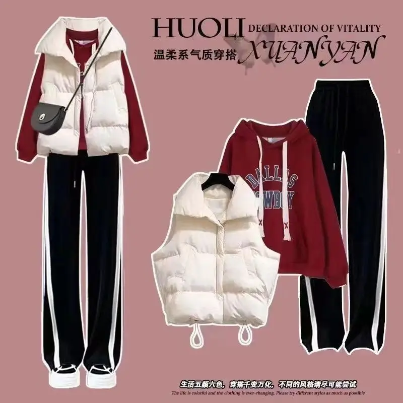 Autunno e inverno nuovo set giacca di cotone gilet allentato coreano da donna + top casual in peluche + jeans che riducono l\'età set di tre pezzi