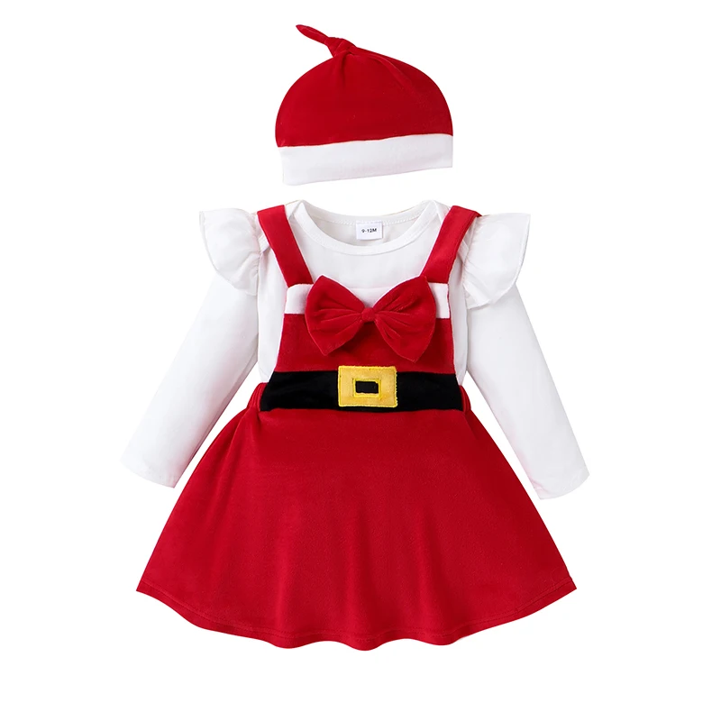 

0-18M Newborn Infant Baby Girl Santa Outfits Solid Color Long Sleeve Romper + Sleeveless Bow Dress + Knotted Hat Children