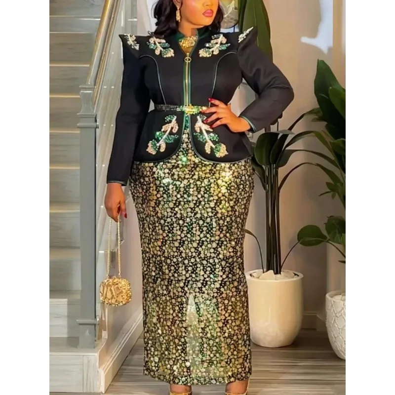 

Plus Size African Clothes for Women Dashiki Ankara Sequin Wedding Evening Party Dresses 2 PCS Sets Tops And Skirts Suits 2026